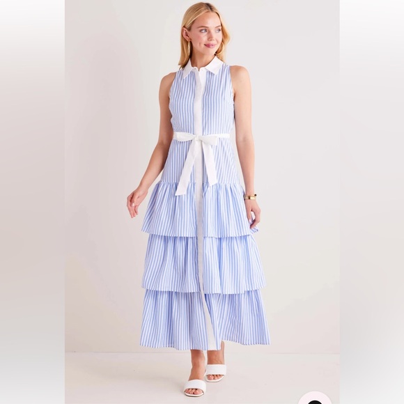 FORE Dresses & Skirts - Sleeveless Blue & White Striped Tie-Waist Tiered Maxi Dress